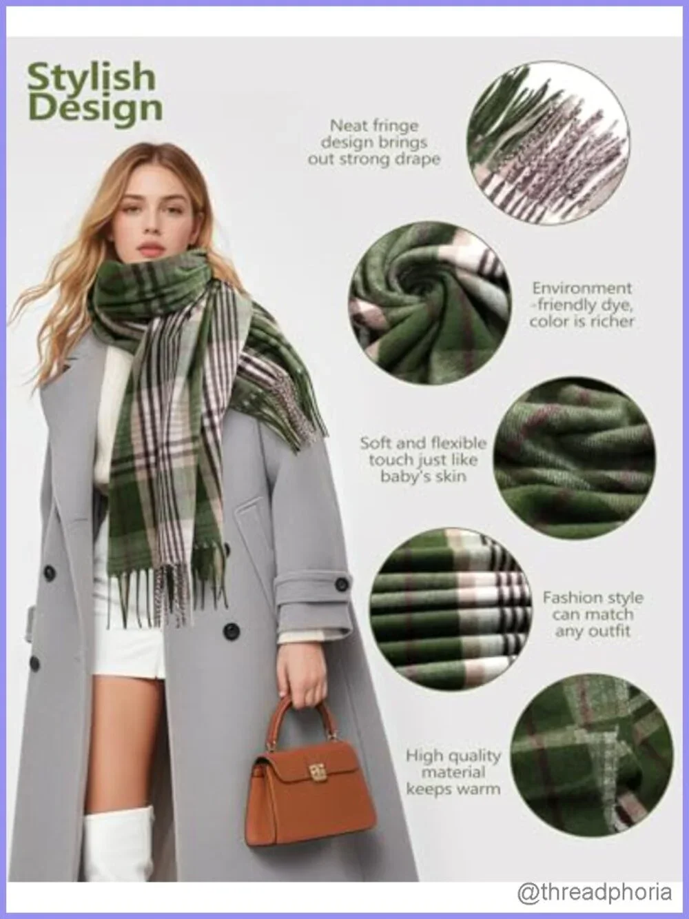 Cozy Plaid Winter Scarf for Women, Soft Acrylic Wrap Shawl Blanket